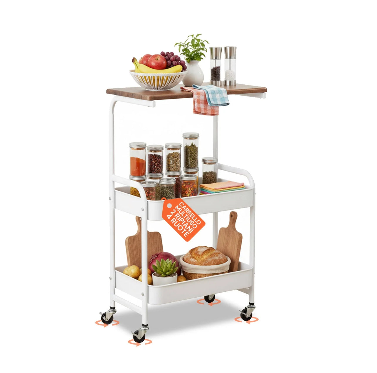 Carrello Multiuso 3 Ripiani con Ruote Girevoli 360°, Struttura in Metallo e Mensola in Legno, Carrello da Cucina, Bagno o Soggiorno, Mobiletto Salvaspazio con Freno di Blocco – 43x30x77 cm