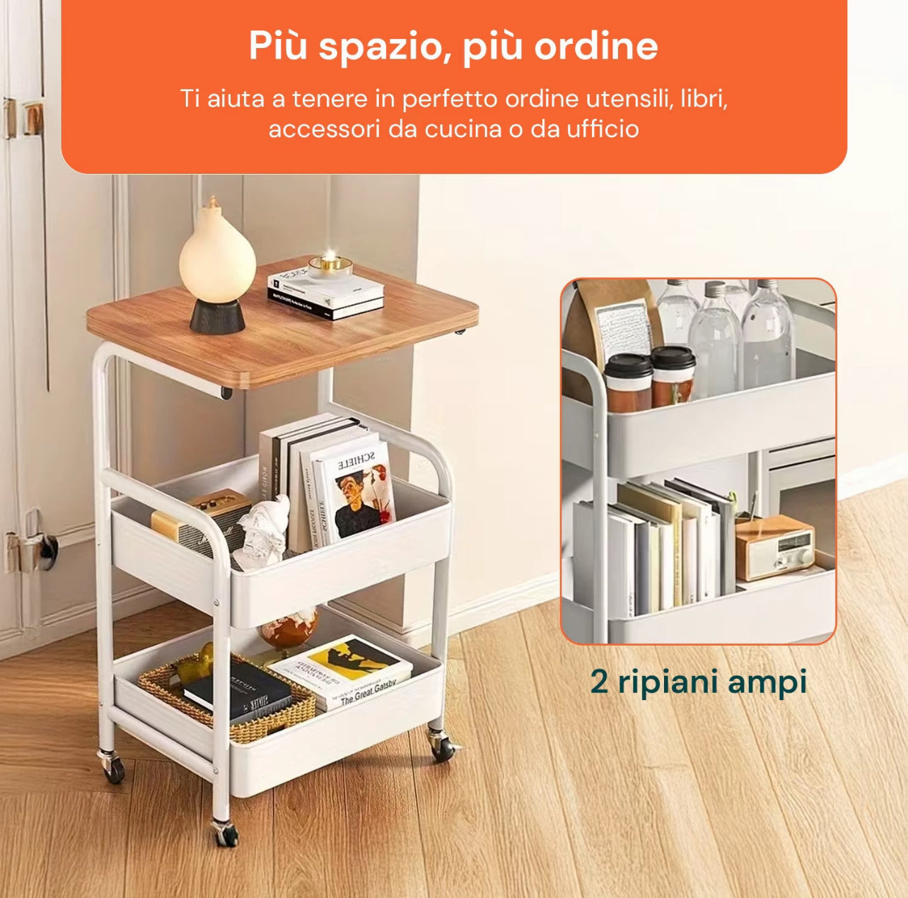 Carrello Multiuso 3 Ripiani con Ruote Girevoli 360°, Struttura in Metallo e Mensola in Legno, Carrello da Cucina, Bagno o Soggiorno, Mobiletto Salvaspazio con Freno di Blocco – 43x30x77 cm