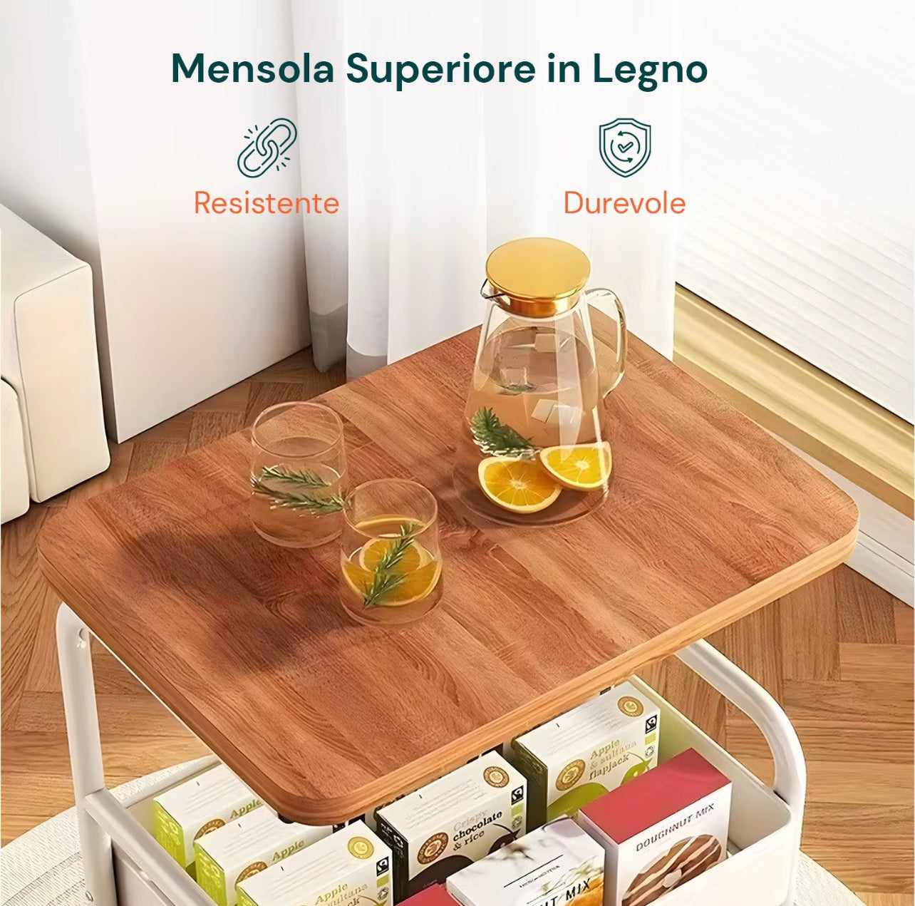 Carrello Multiuso 3 Ripiani con Ruote Girevoli 360°, Struttura in Metallo e Mensola in Legno, Carrello da Cucina, Bagno o Soggiorno, Mobiletto Salvaspazio con Freno di Blocco – 43x30x77 cm