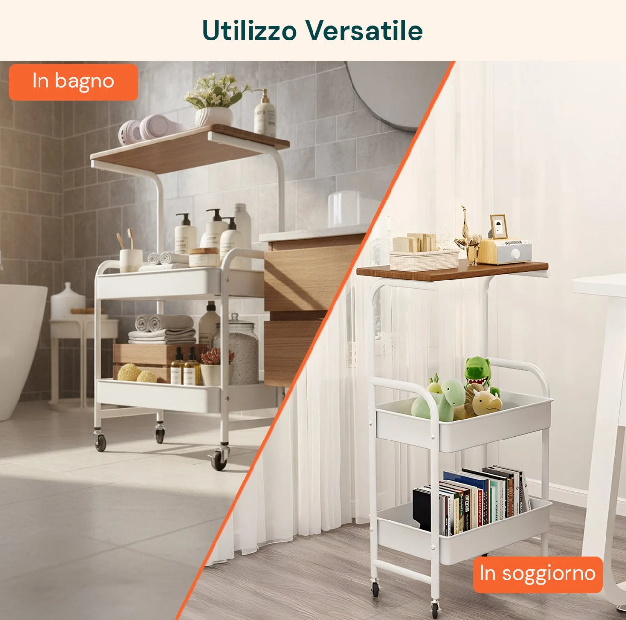 Carrello Multiuso 3 Ripiani con Ruote Girevoli 360°, Struttura in Metallo e Mensola in Legno, Carrello da Cucina, Bagno o Soggiorno, Mobiletto Salvaspazio con Freno di Blocco – 43x30x77 cm