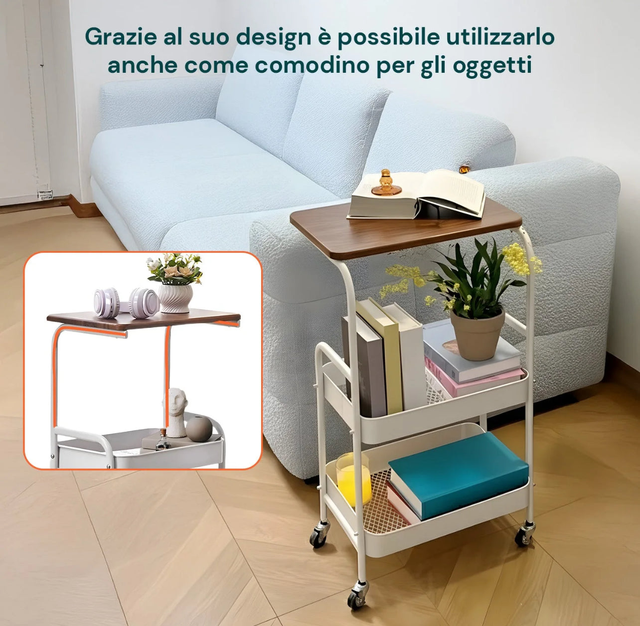 Carrello Multiuso 3 Ripiani con Ruote Girevoli 360°, Struttura in Metallo e Mensola in Legno, Carrello da Cucina, Bagno o Soggiorno, Mobiletto Salvaspazio con Freno di Blocco – 43x30x77 cm