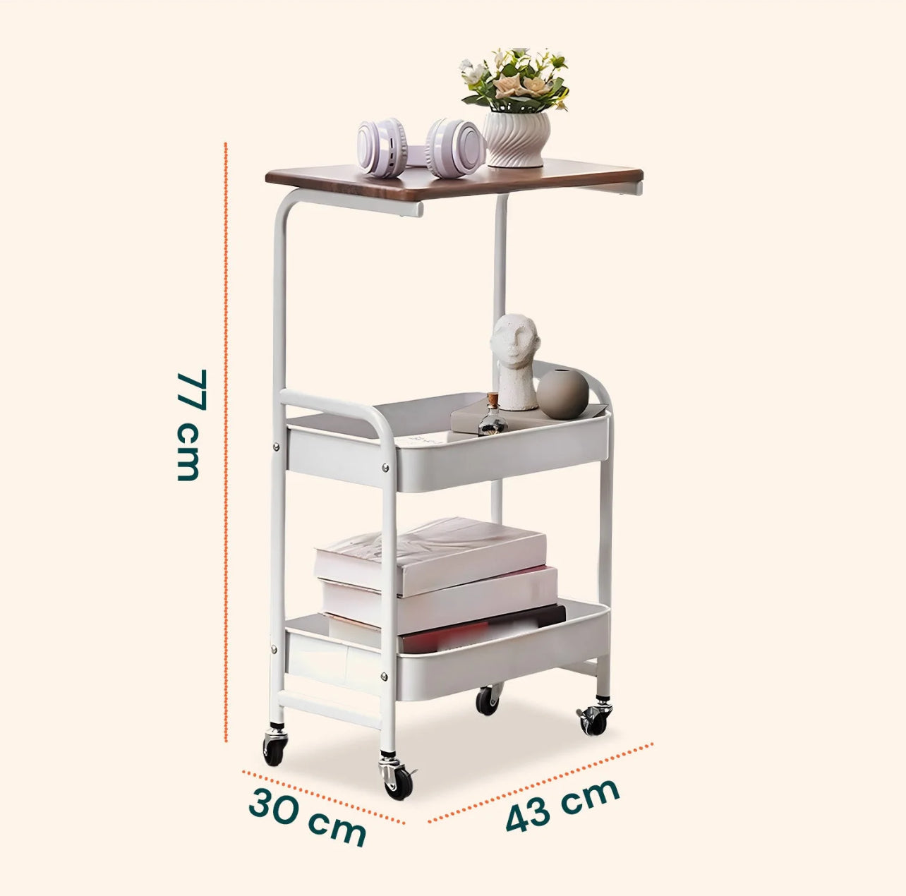 Carrello Multiuso 3 Ripiani con Ruote Girevoli 360°, Struttura in Metallo e Mensola in Legno, Carrello da Cucina, Bagno o Soggiorno, Mobiletto Salvaspazio con Freno di Blocco – 43x30x77 cm