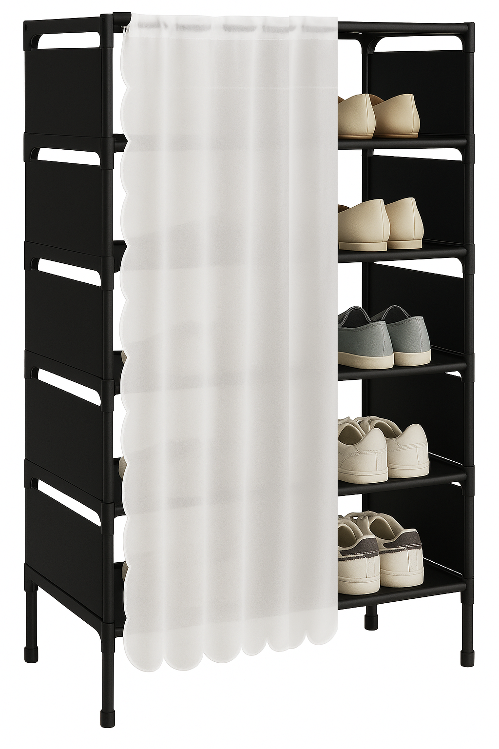 Scarpiera 7 Ripiani con Tenda Bianca – Struttura in Acciaio, Salvaspazio per Scarpe, Armadio Portascarpe con Copertura, Colore Nero o Bianco – 58x26x110 cm