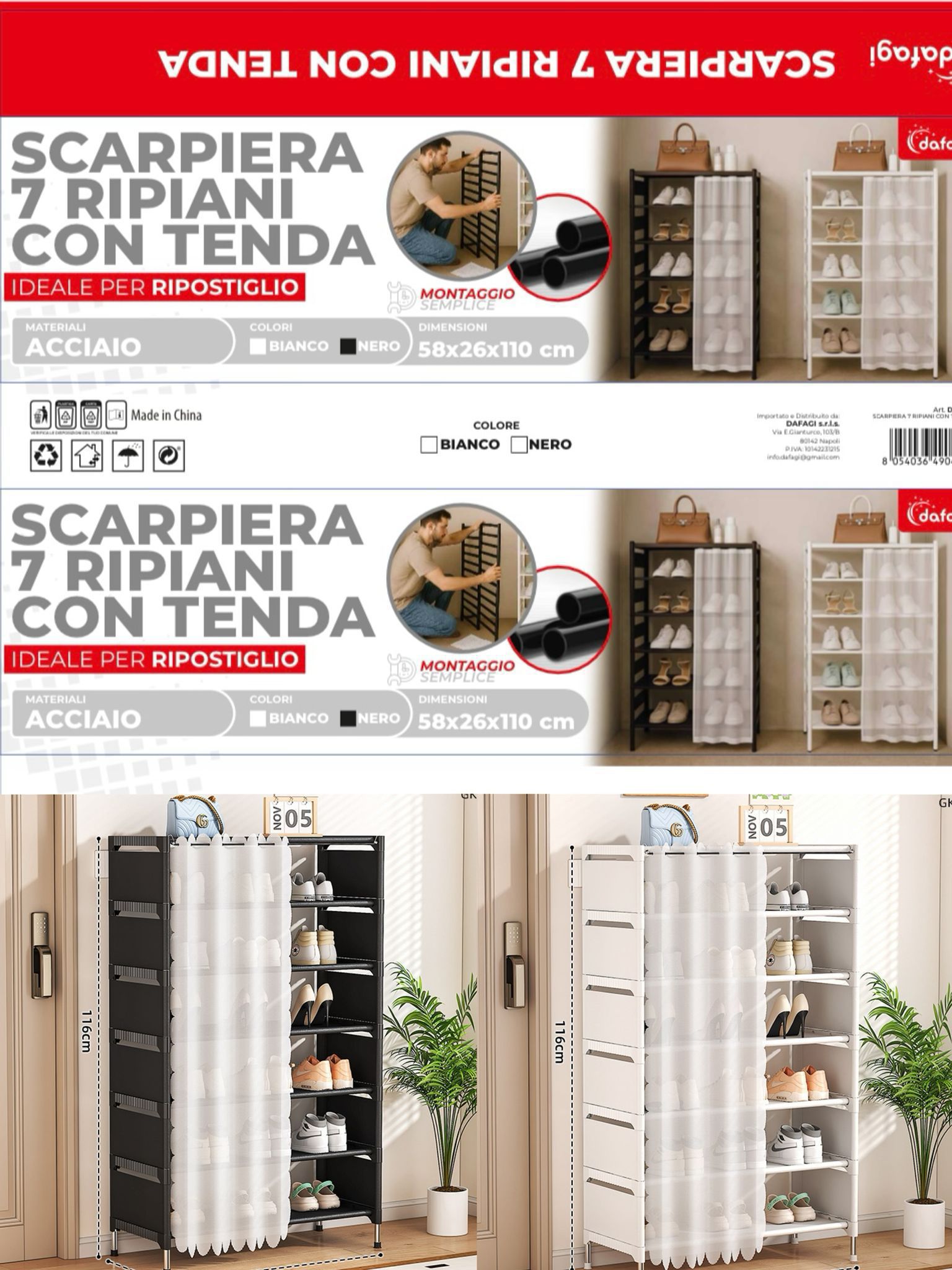 Scarpiera 7 Ripiani con Tenda Bianca – Struttura in Acciaio, Salvaspazio per Scarpe, Armadio Portascarpe con Copertura, Colore Nero o Bianco – 58x26x110 cm