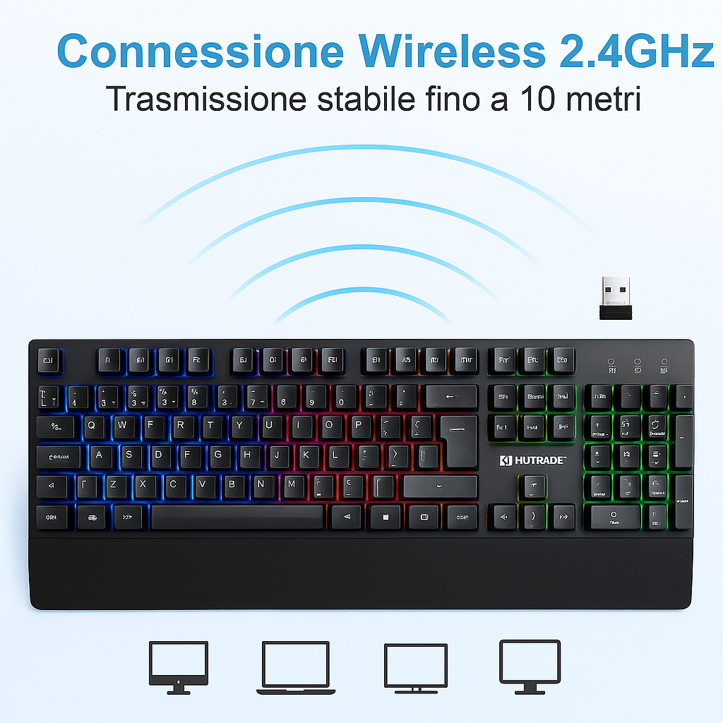 Tastiera Wireless 2.4GHz RGB Retroilluminata, 104 Tasti Completi Silenziosi, con Ricevitore USB, Compatibile con Windows e Mac – Design Ergonomico per Lavoro e Gaming