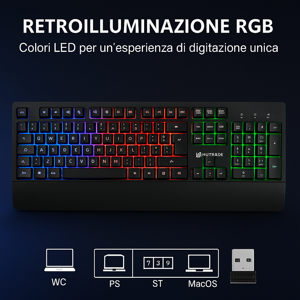 Tastiera Wireless 2.4GHz RGB Retroilluminata, 104 Tasti Completi Silenziosi, con Ricevitore USB, Compatibile con Windows e Mac – Design Ergonomico per Lavoro e Gaming