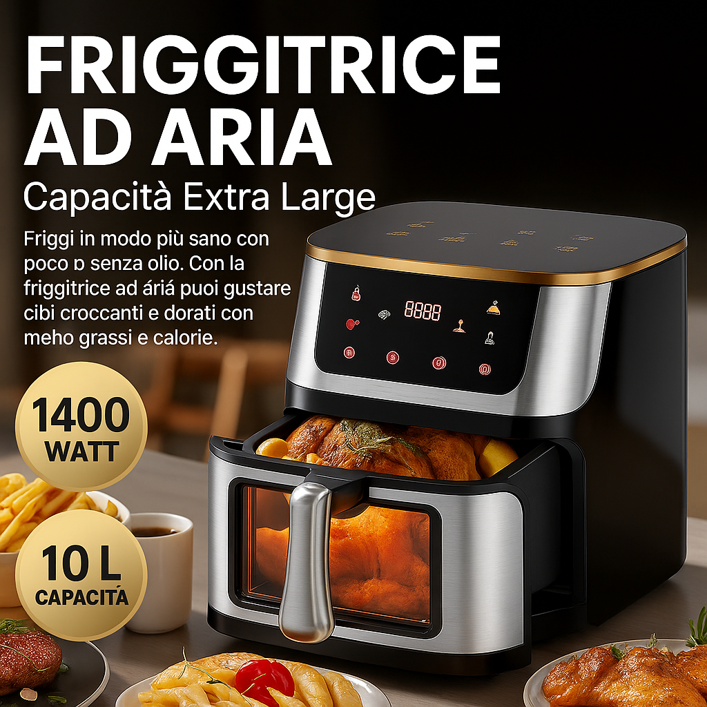 Friggitrice ad Aria 10L Extra Large con Cestello in Vetro – 1400W, Display Touch Digitale, Programmi Preimpostati e Personalizzabili, Cottura Sana Senza Olio, Rivestimento Antiaderente 220-240V 50Hz