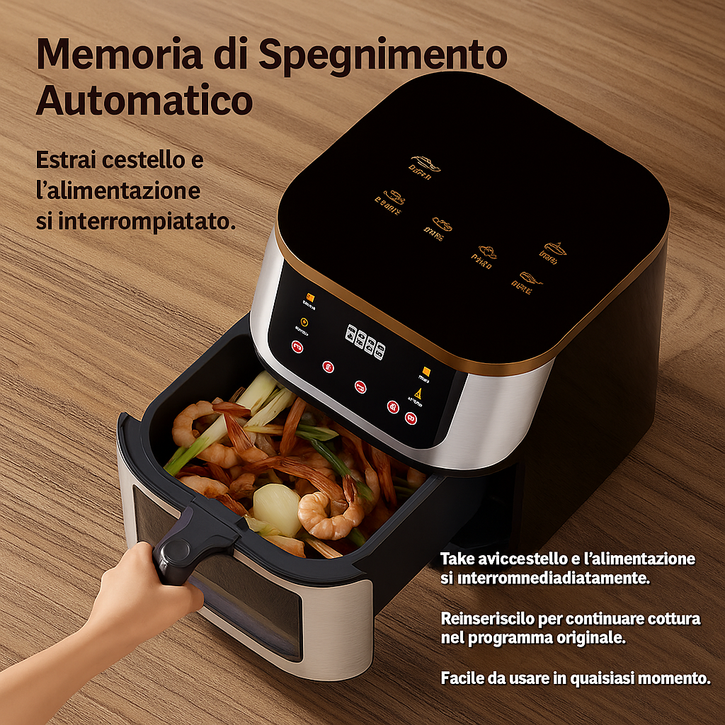 Friggitrice ad Aria 10L Extra Large con Cestello in Vetro – 1400W, Display Touch Digitale, Programmi Preimpostati e Personalizzabili, Cottura Sana Senza Olio, Rivestimento Antiaderente 220-240V 50Hz