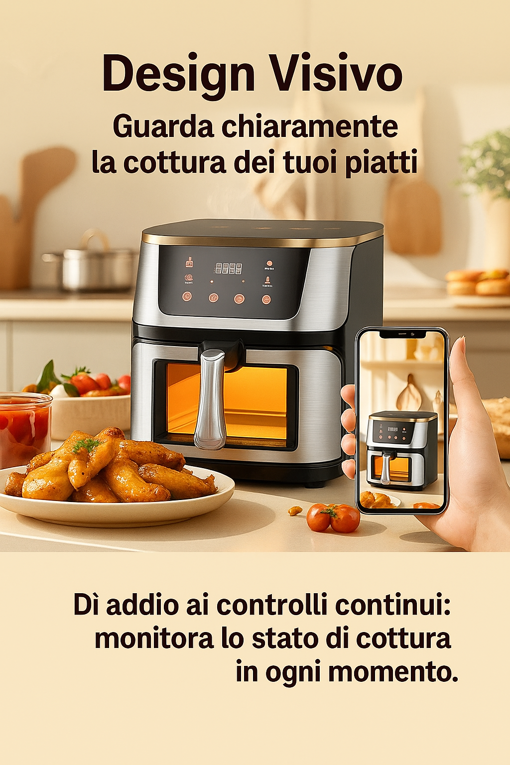 Friggitrice ad Aria 10L Extra Large con Cestello in Vetro – 1400W, Display Touch Digitale, Programmi Preimpostati e Personalizzabili, Cottura Sana Senza Olio, Rivestimento Antiaderente 220-240V 50Hz