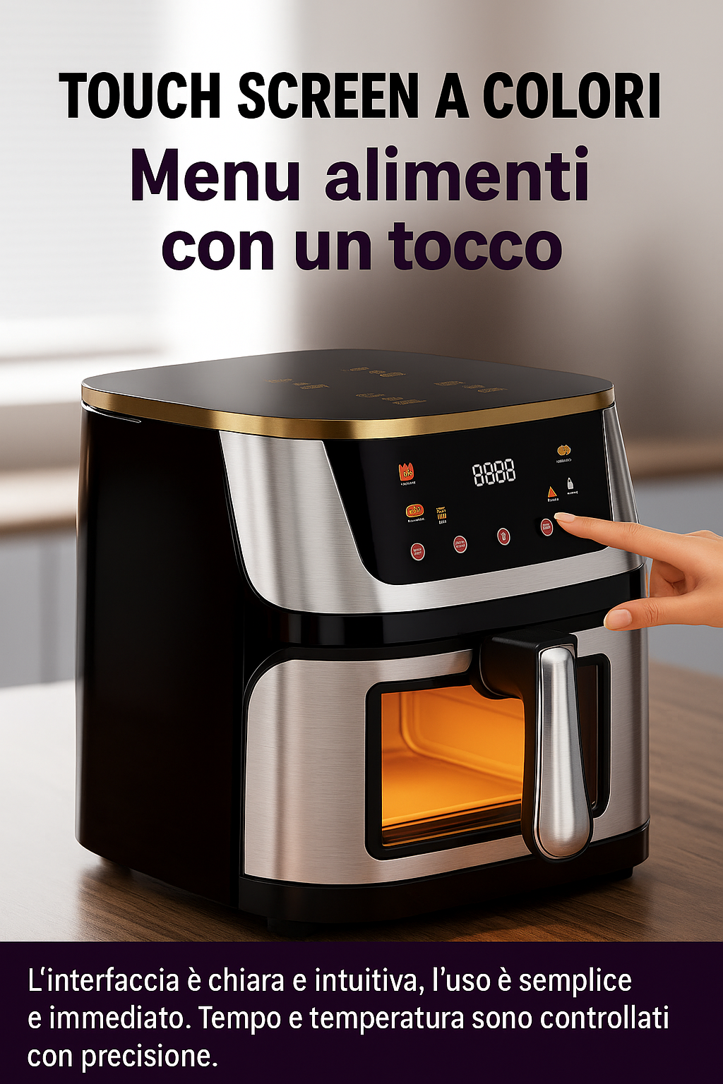 Friggitrice ad Aria 10L Extra Large con Cestello in Vetro – 1400W, Display Touch Digitale, Programmi Preimpostati e Personalizzabili, Cottura Sana Senza Olio, Rivestimento Antiaderente 220-240V 50Hz