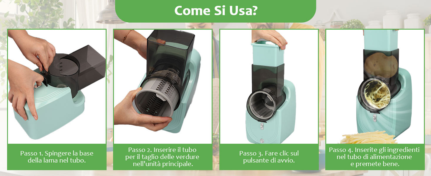 Taglia Verdure Elettrico, Affetta Verdure Multifunzionale, Grattugia Verdure con 3 Lame Intercambiabili per Fine,Affettato, Tritato, Operazione con un Solo Tocco, Facile da Pulire