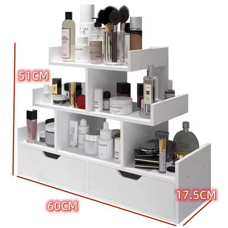 Organizer trucchi da tavolo con cassetti – Porta cosmetici in legno bianco a 3 livelli per bagno o toeletta, ideale per profumi, pennelli e prodotti skincare – 60x17,5x51 cm