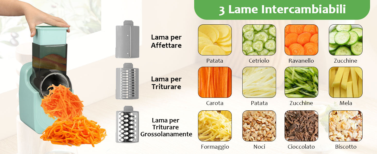 Taglia Verdure Elettrico, Affetta Verdure Multifunzionale, Grattugia Verdure con 3 Lame Intercambiabili per Fine,Affettato, Tritato, Operazione con un Solo Tocco, Facile da Pulire