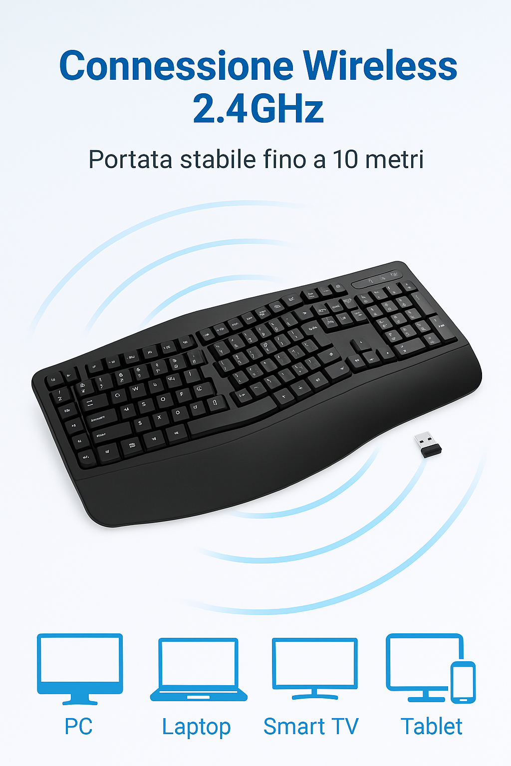 Tastiera Ergonomica Wireless 2.4GHz con Poggiapolsi, 104 Tasti Silenziosi, Connessione Stabile con Ricevitore USB, Compatibile con Windows XP/7/8/10/11 – Design Curvo Comfort
