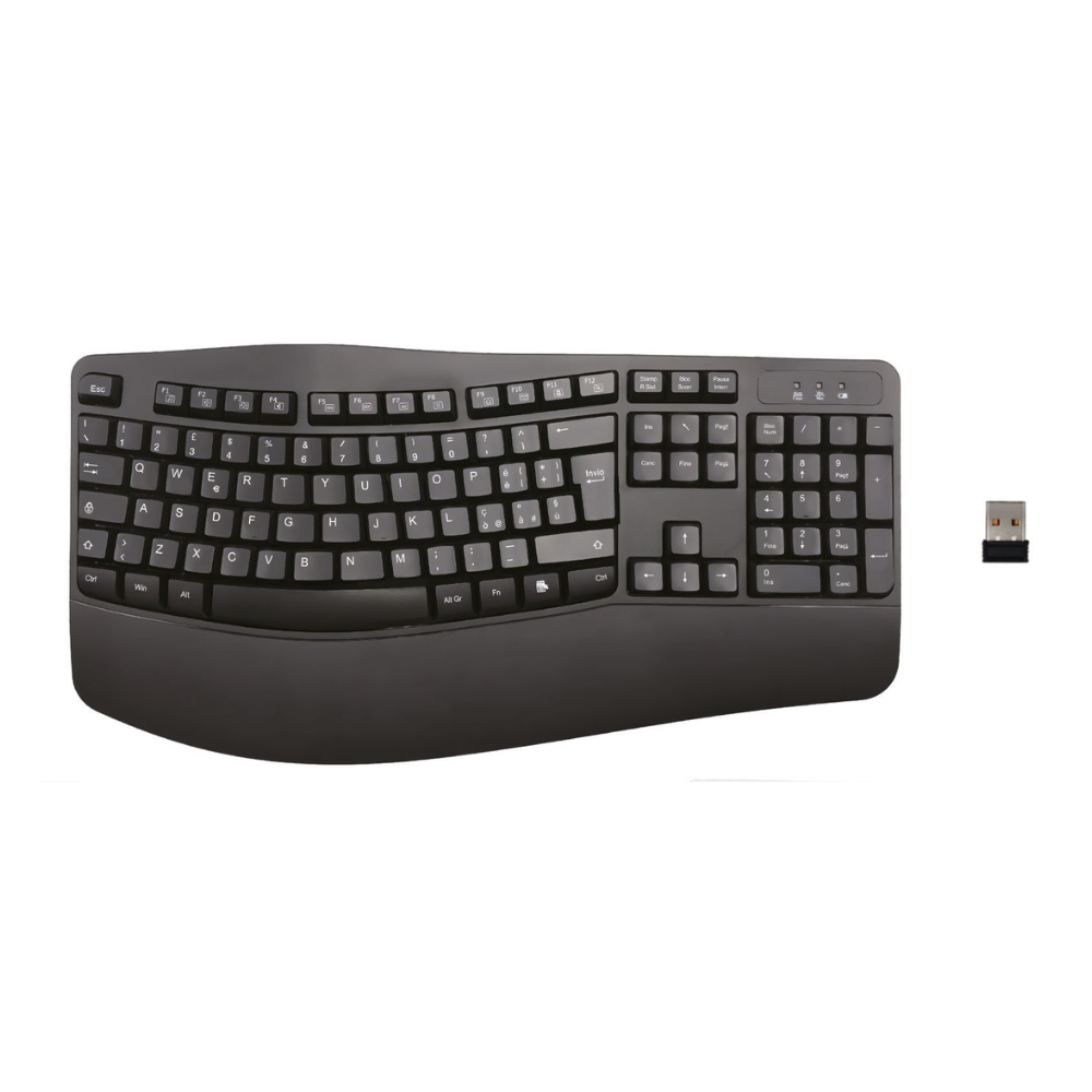 Tastiera Ergonomica Wireless 2.4GHz con Poggiapolsi, 104 Tasti Silenziosi, Connessione Stabile con Ricevitore USB, Compatibile con Windows XP/7/8/10/11 – Design Curvo Comfort