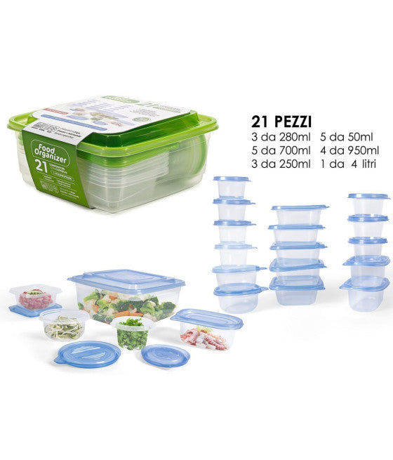 Set 21PZ contenitori con coperchi per alimenti in plastica trasparenti impilabili microonde